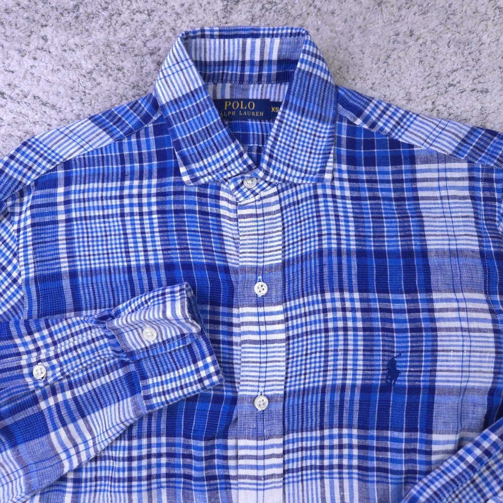Polo Ralph Lauren Linen Shirt Mens XS Long Sleeve Button Plaid Pony Logo Blue